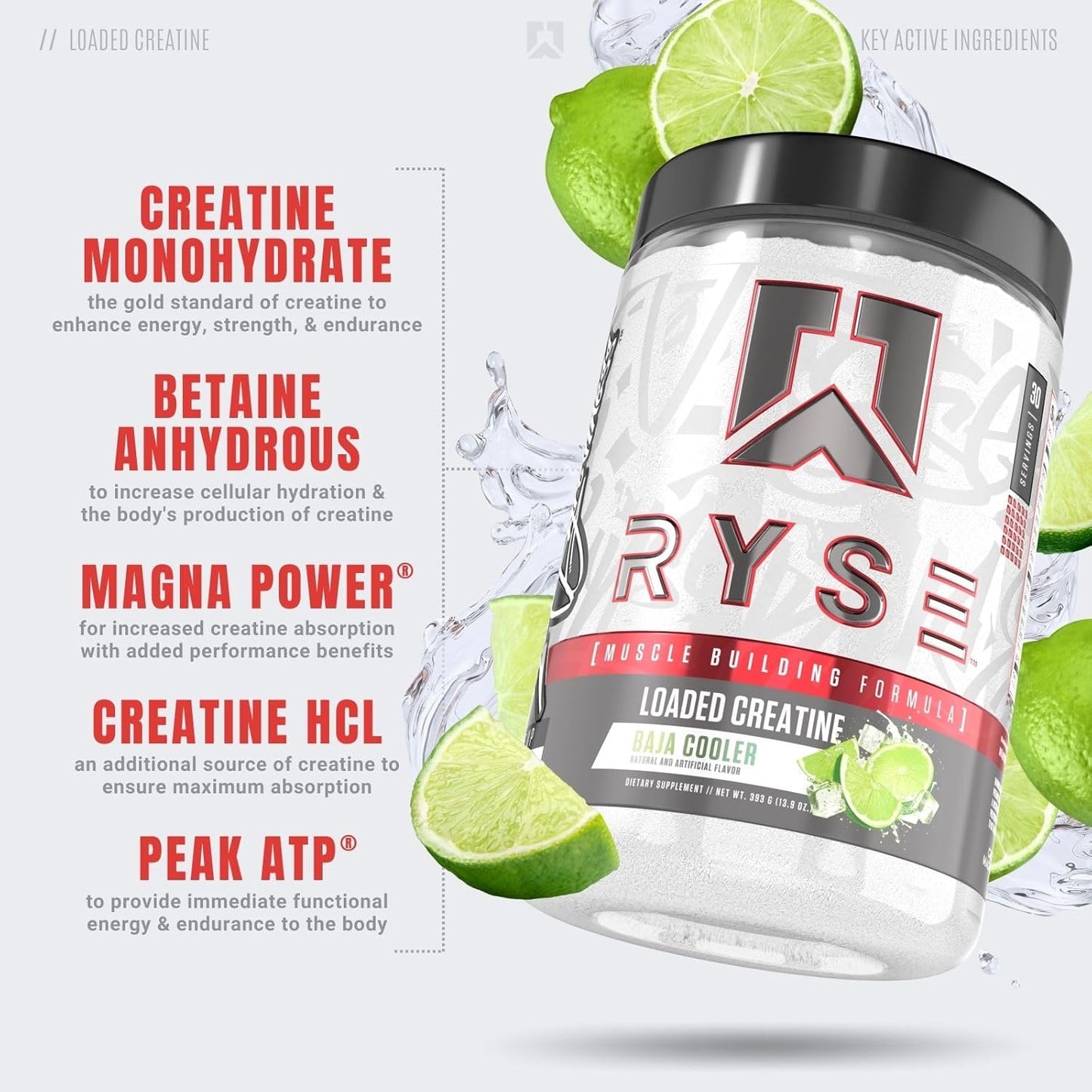 RYSE Element Series Creatine Supplement for Muscle Building - Loaded Formula with 3 Forms of Creatine, Electrolytes, Betaine Anhydrous, and Peak ATP - Baja Cooler Flavor - 30 Servings