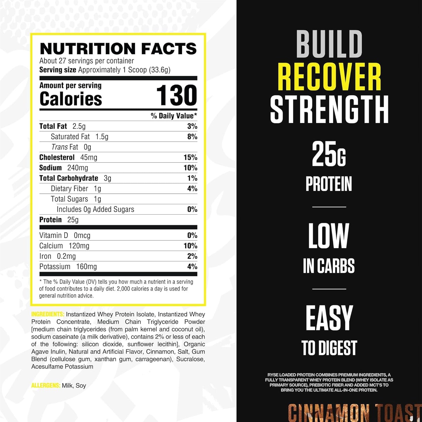 RYSE Loaded Protein Powder with 25g Whey Protein, Prebiotic Fiber, MCTs - Cinnamon Toast Flavor - 27 Servings