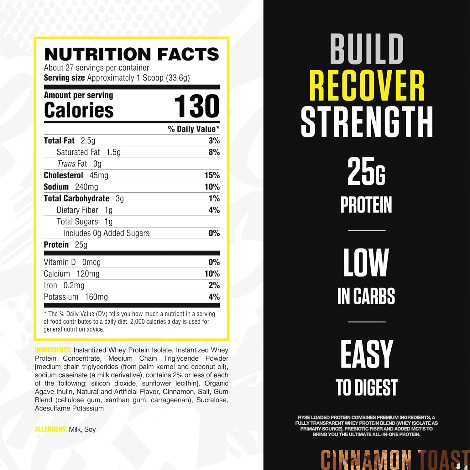 RYSE Loaded Protein Powder with 25g Whey Protein, Prebiotic Fiber, MCTs - Cinnamon Toast Flavor - 27 Servings