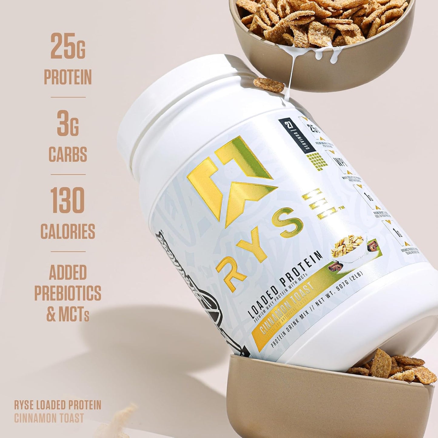 RYSE Loaded Protein Powder with 25g Whey Protein, Prebiotic Fiber, MCTs - Cinnamon Toast Flavor - 27 Servings
