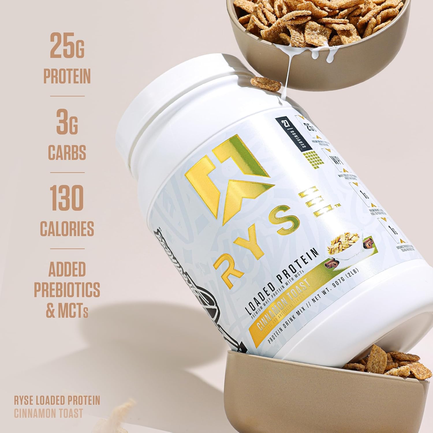 RYSE Loaded Protein Powder with 25g Whey Protein, Prebiotic Fiber, MCTs - Cinnamon Toast Flavor - 27 Servings