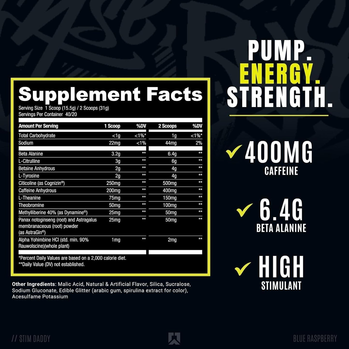 RYSE Up Supplements Stim Daddy Pre Workout - High Stimulant Formula with 400mg Caffeine - Blue Raspberry Flavor - 40 Servings