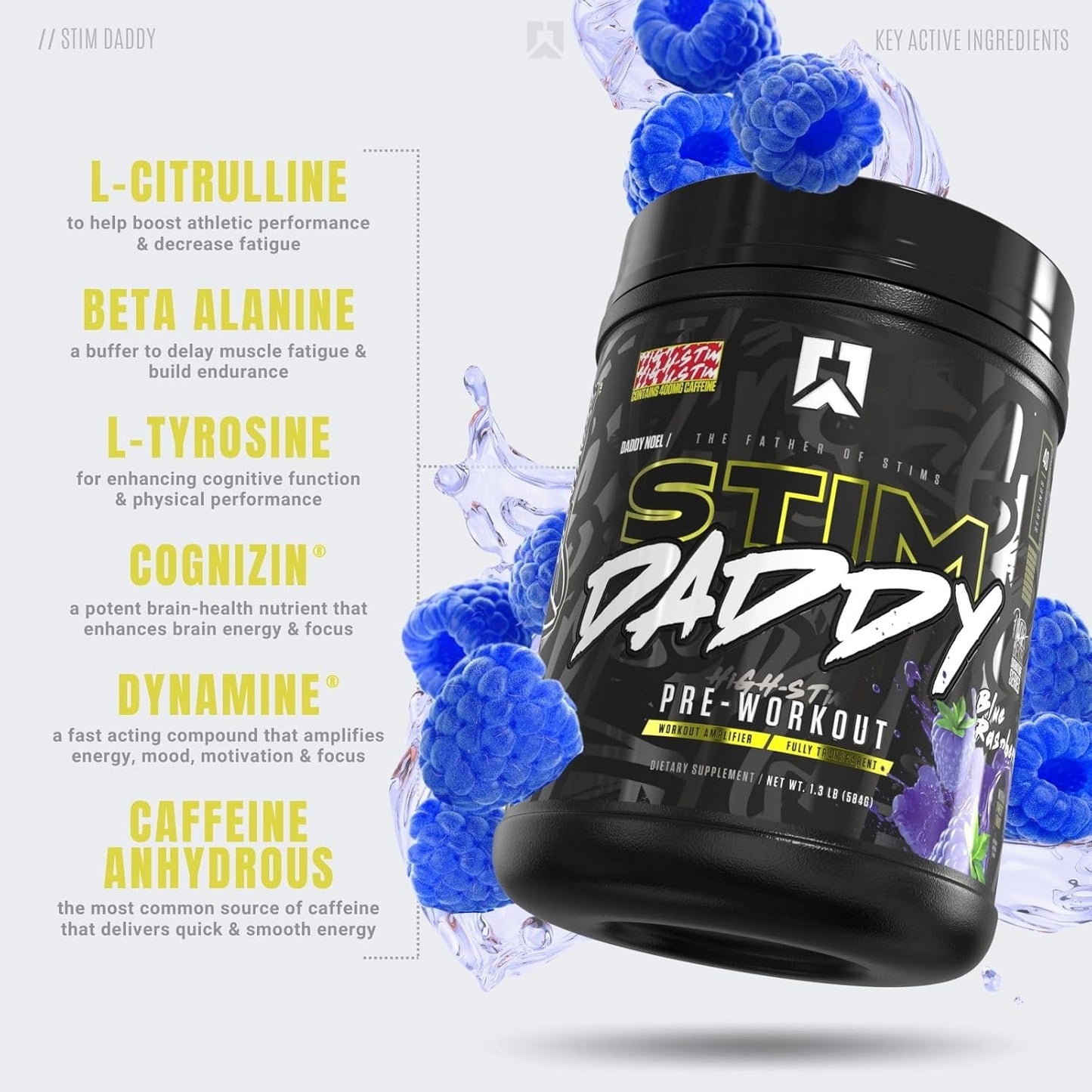 RYSE Up Supplements Stim Daddy Pre Workout - High Stimulant Formula with 400mg Caffeine - Blue Raspberry Flavor - 40 Servings