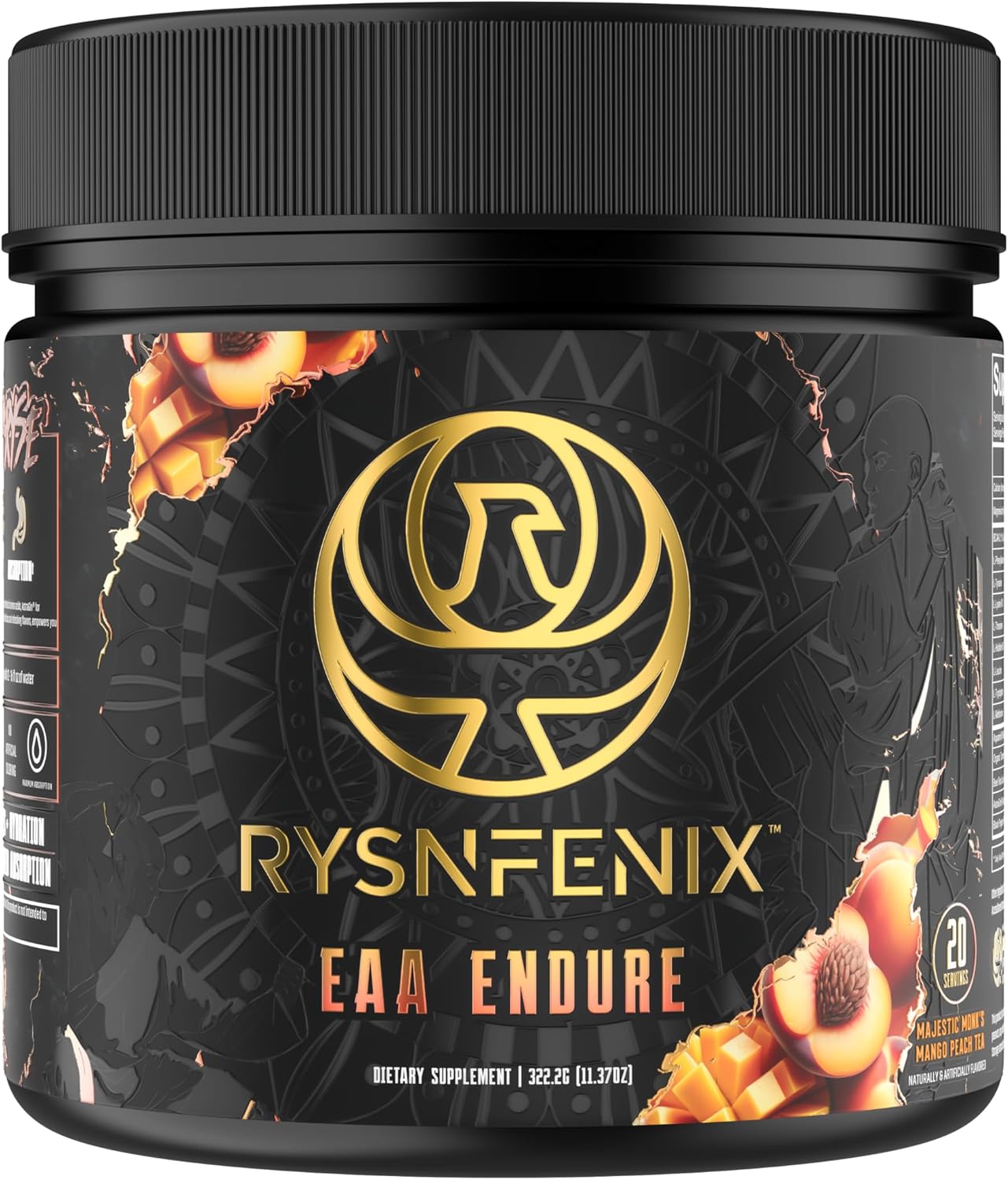 RysnFenix EAA Endure - 11g EAA + BCAA with Astragin and Black Pepper Extract for Improved Amino Acid Absorption and Aquamin Electrolytes for Hydration | Mango Peach Tea Flavor | 25 Servings