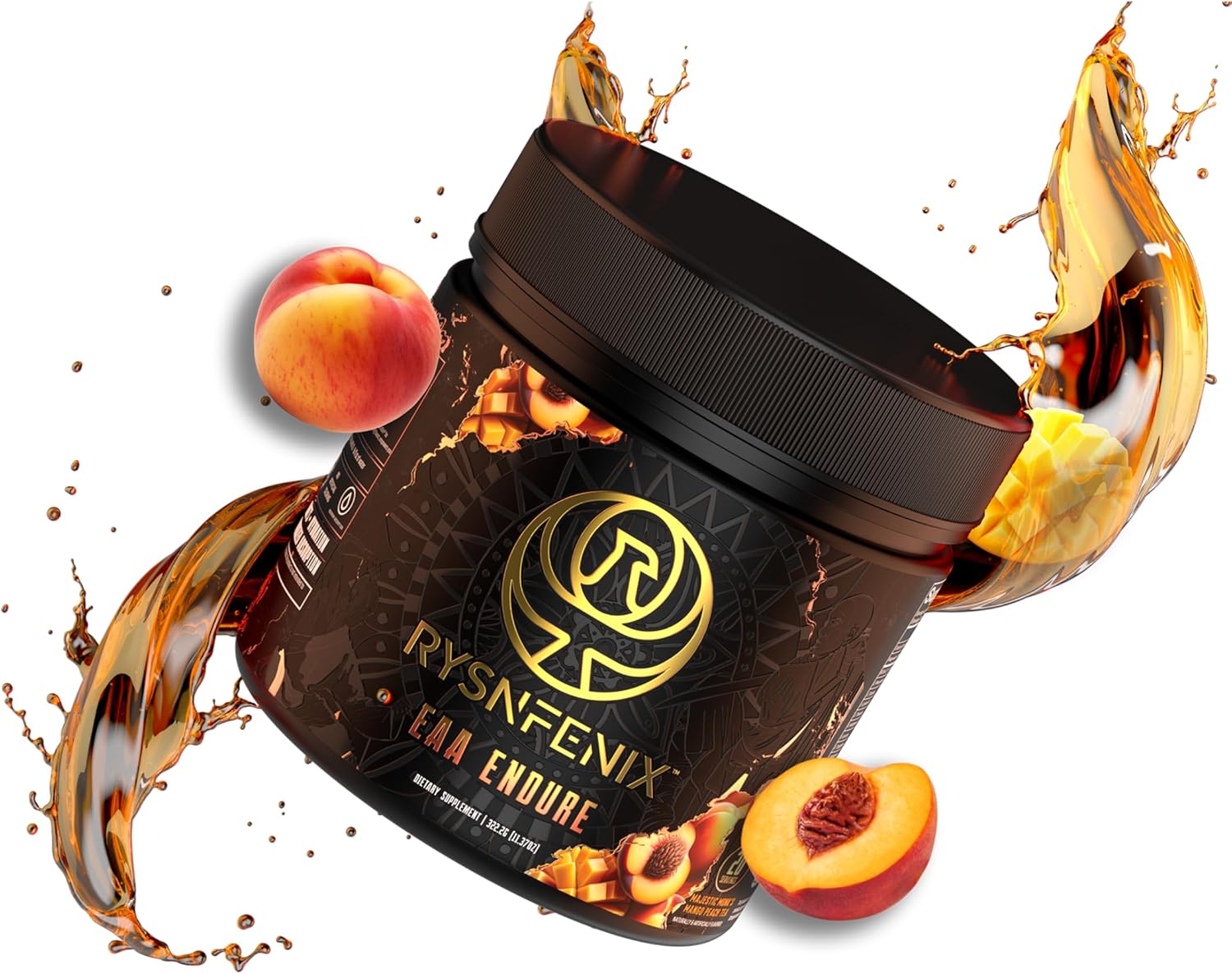 RysnFenix EAA Endure - 11g EAA + BCAA with Astragin and Black Pepper Extract for Improved Amino Acid Absorption and Aquamin Electrolytes for Hydration | Mango Peach Tea Flavor | 25 Servings