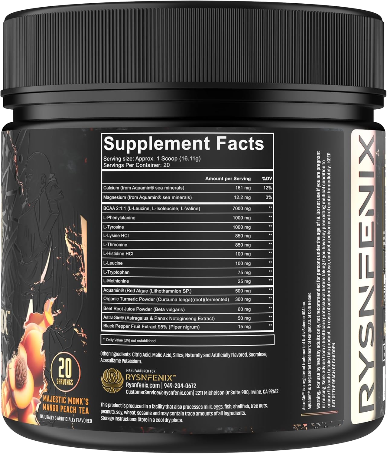RysnFenix EAA Endure - 11g EAA + BCAA with Astragin and Black Pepper Extract for Improved Amino Acid Absorption and Aquamin Electrolytes for Hydration | Mango Peach Tea Flavor | 25 Servings
