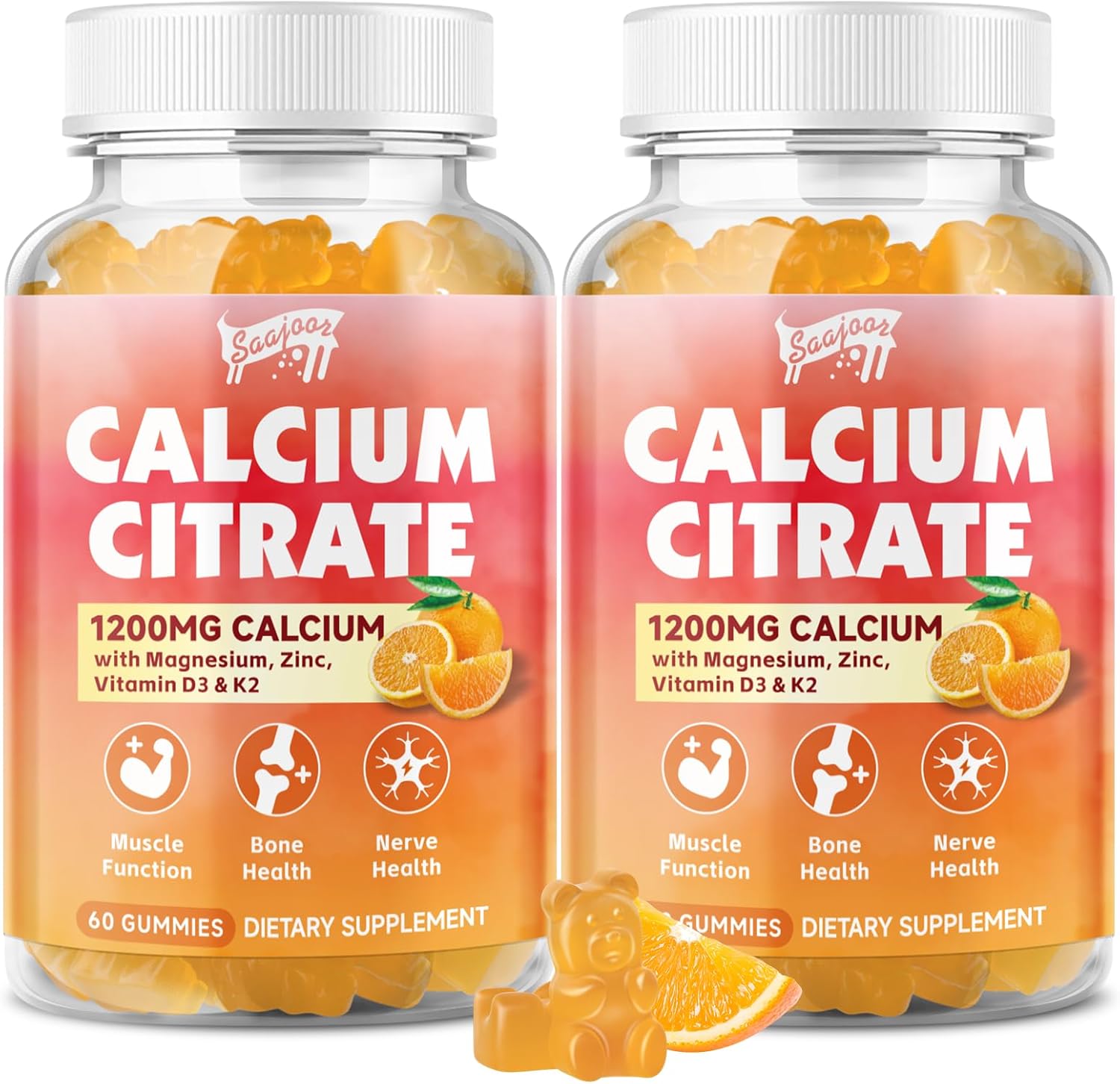 Saajoor Calcium Citrate Gummies 1200mg with Vitamin D3, K2, Magnesium & Zinc - Bone, Muscle & Joint Support, Immunity & Memory - 120 Count