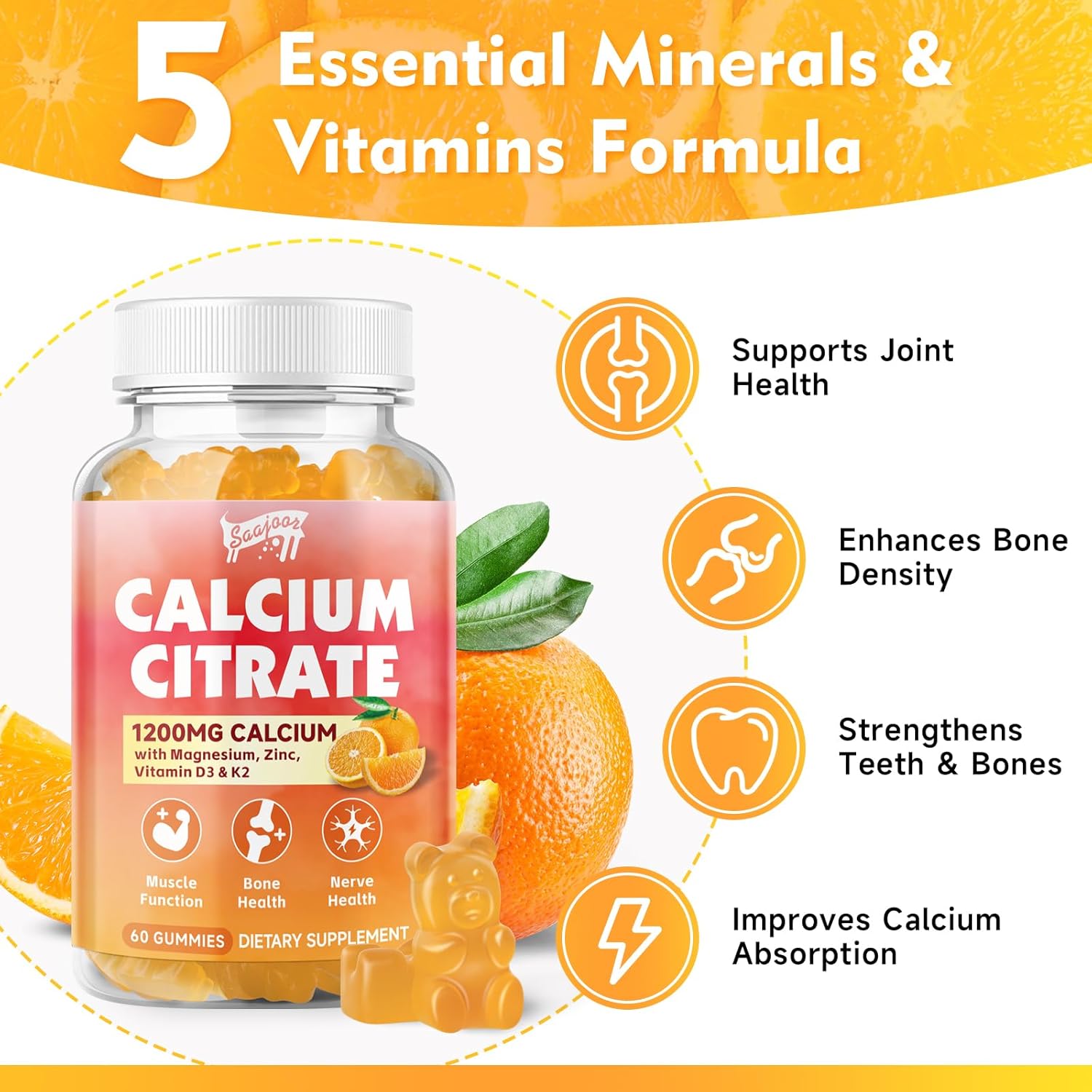 Saajoor Calcium Citrate Gummies 1200mg with Vitamin D3, K2, Magnesium & Zinc - Bone, Muscle & Joint Support, Immunity & Memory - 120 Count
