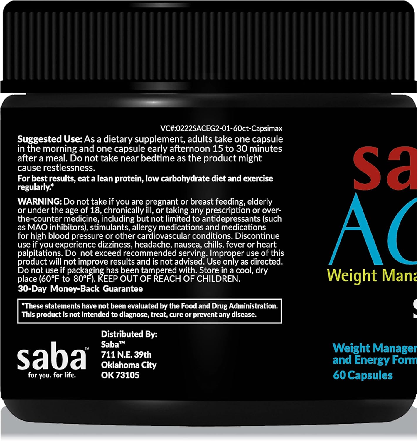 Saba ACE G2 Thermogenic Energy Burn Supplement with Capsimax, CarnoSyn, BioPerine for Men & Women - 60 Capsules