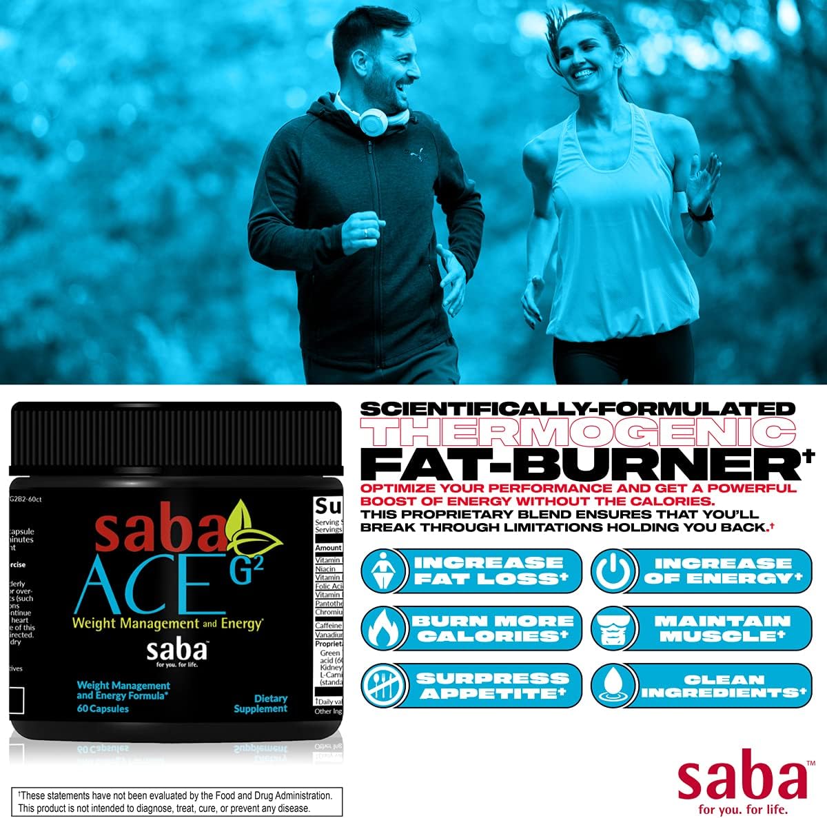 Saba ACE G2 Thermogenic Energy Burn Supplement with Capsimax, CarnoSyn, BioPerine for Men & Women - 60 Capsules