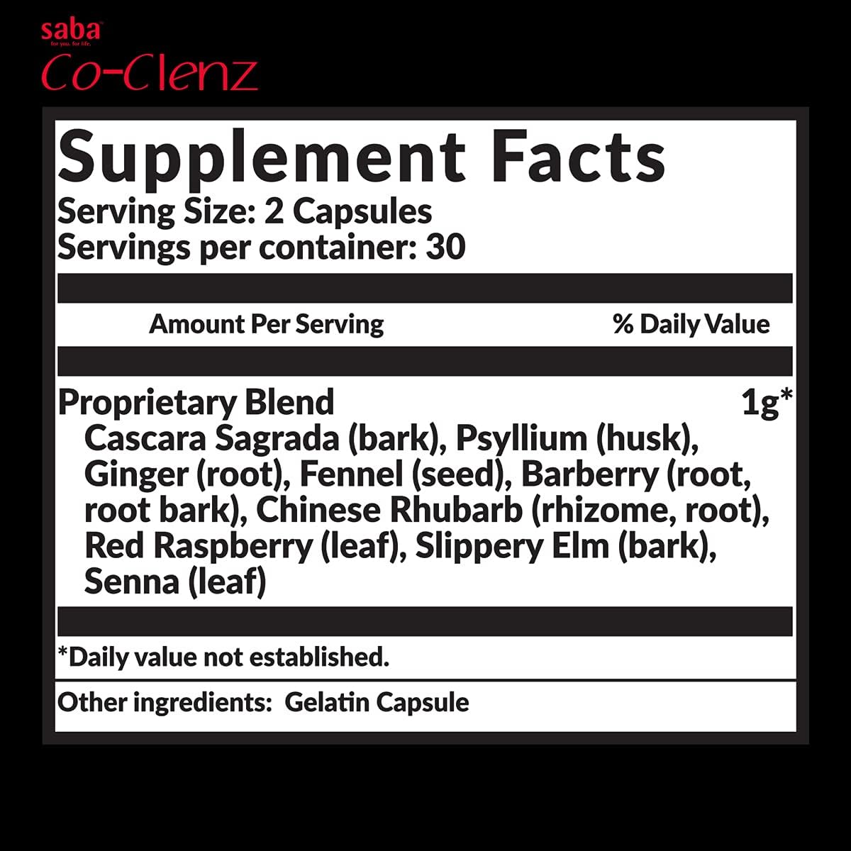 Saba Co-Clenz 5-Day Cleanse for Men & Women - Promotes Healthy Bowel Movements - Detox & Colon Health - 30 Capsules