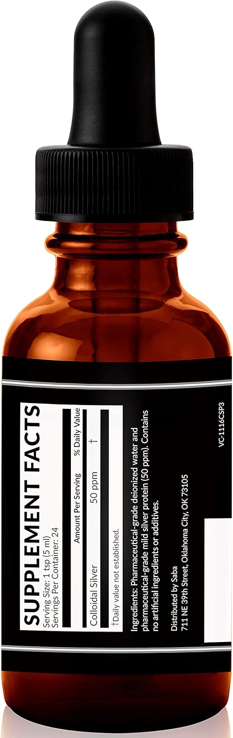 Saba Colloidal Silver 50PPM 4 oz - Boost Immune System and Promote Wellness - Versatile Household Essential for Various Uses - 24 Servings