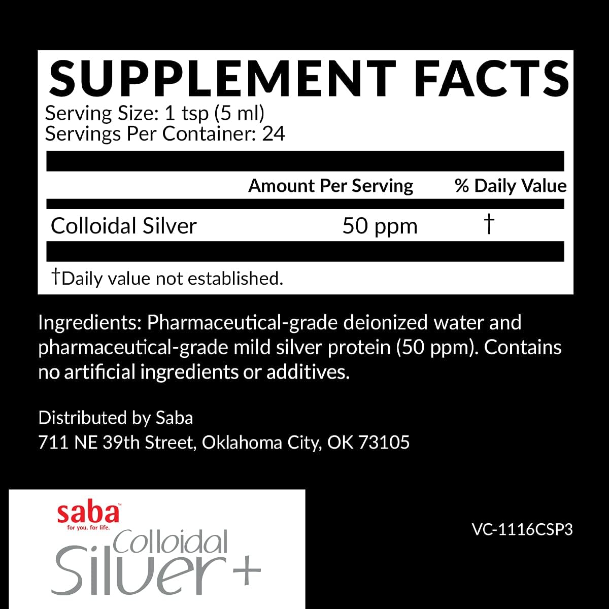 Saba Colloidal Silver 50PPM 4 oz - Boost Immune System and Promote Wellness - Versatile Household Essential for Various Uses - 24 Servings