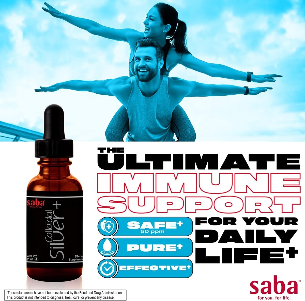 Saba Colloidal Silver 50PPM 4 oz - Boost Immune System and Promote Wellness - Versatile Household Essential for Various Uses - 24 Servings