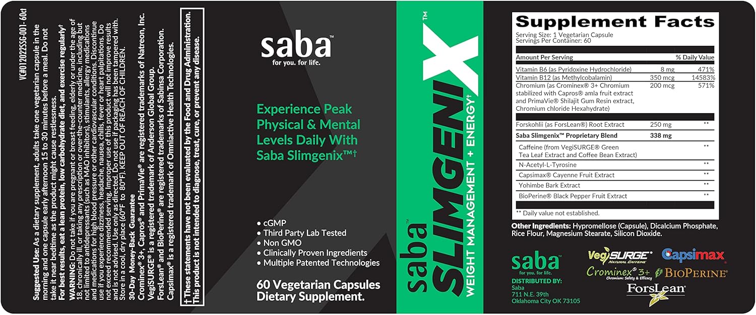 Saba SlimGenix: Energy Boost, Weight Management, Appetite Control, Focus Support - 60 Capsules