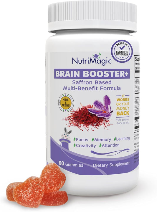 Saffron Extract Nootropic & Multivitamin Gummies for Kids - Brain Booster with Vitamin D3, B6, B12, Zinc - Focus, Memory, Attention, Mood Support - 60 Gummies