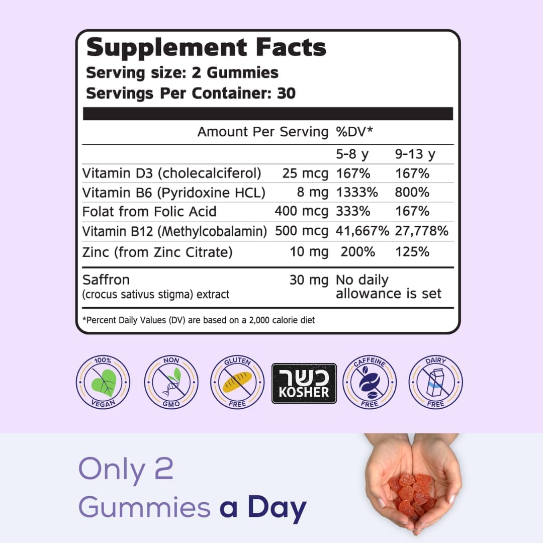 Saffron Extract Nootropic & Multivitamin Gummies for Kids - Brain Booster with Vitamin D3, B6, B12, Zinc - Focus, Memory, Attention, Mood Support - 60 Gummies