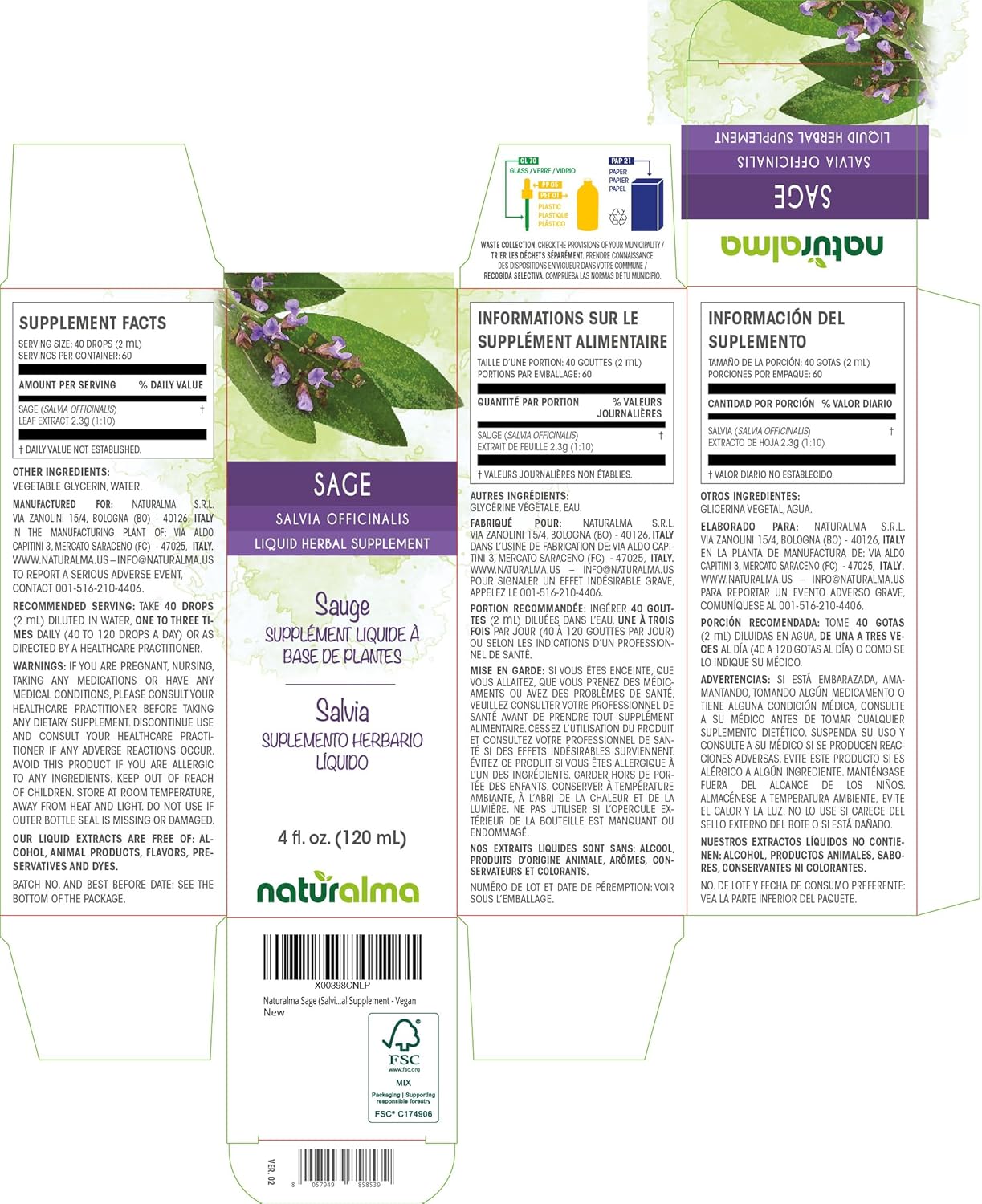 Sage Leaf Alcohol-Free Tincture - 4 fl oz Liquid Extract Drops - Herbal Supplement Vegan - Naturalma