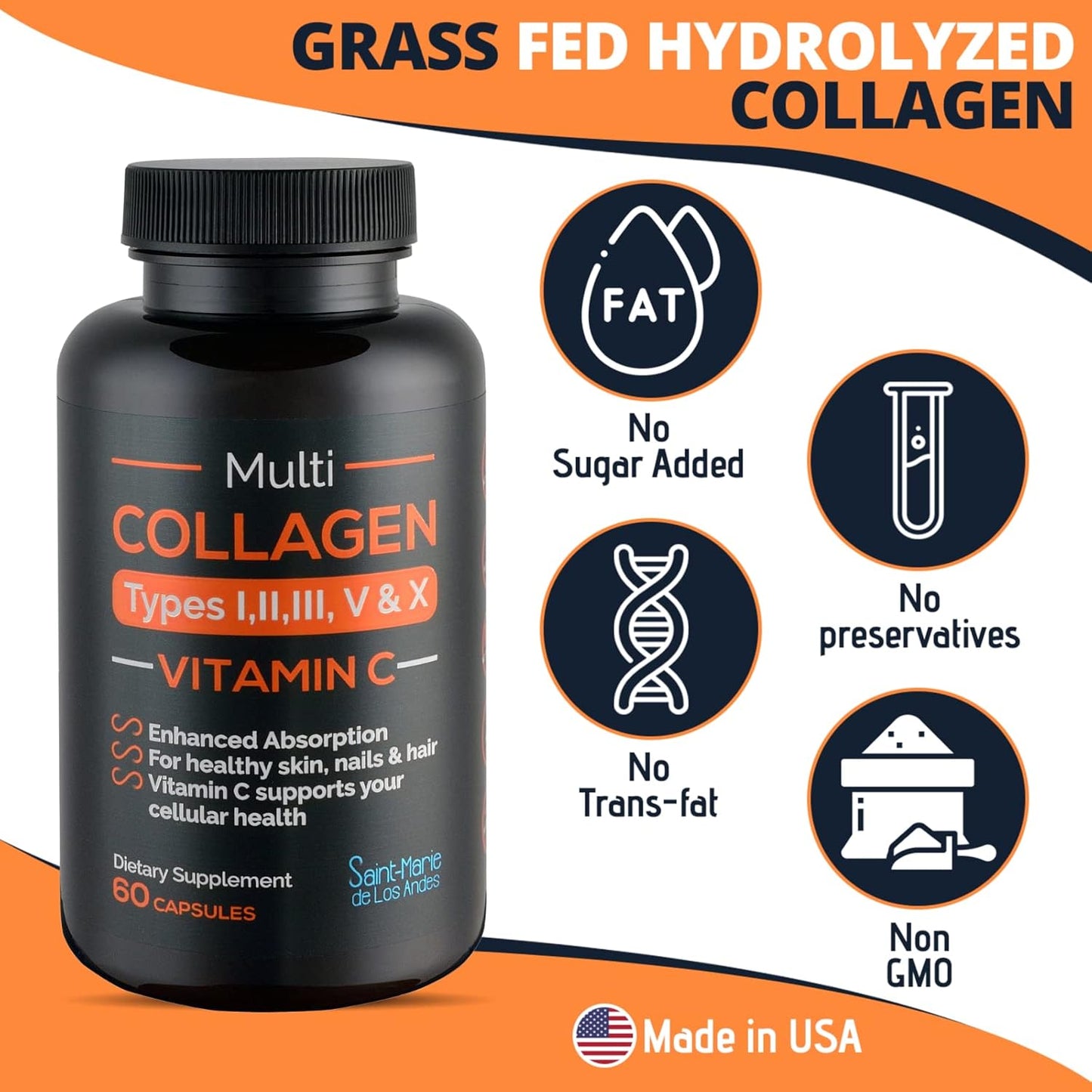 Saint-Marie de los Andes Multi Collagen Pills with Vitamin C - Collagen Supplements for Hair, Skin, Nails, Joints, & Gut Health - 1 Month Supply