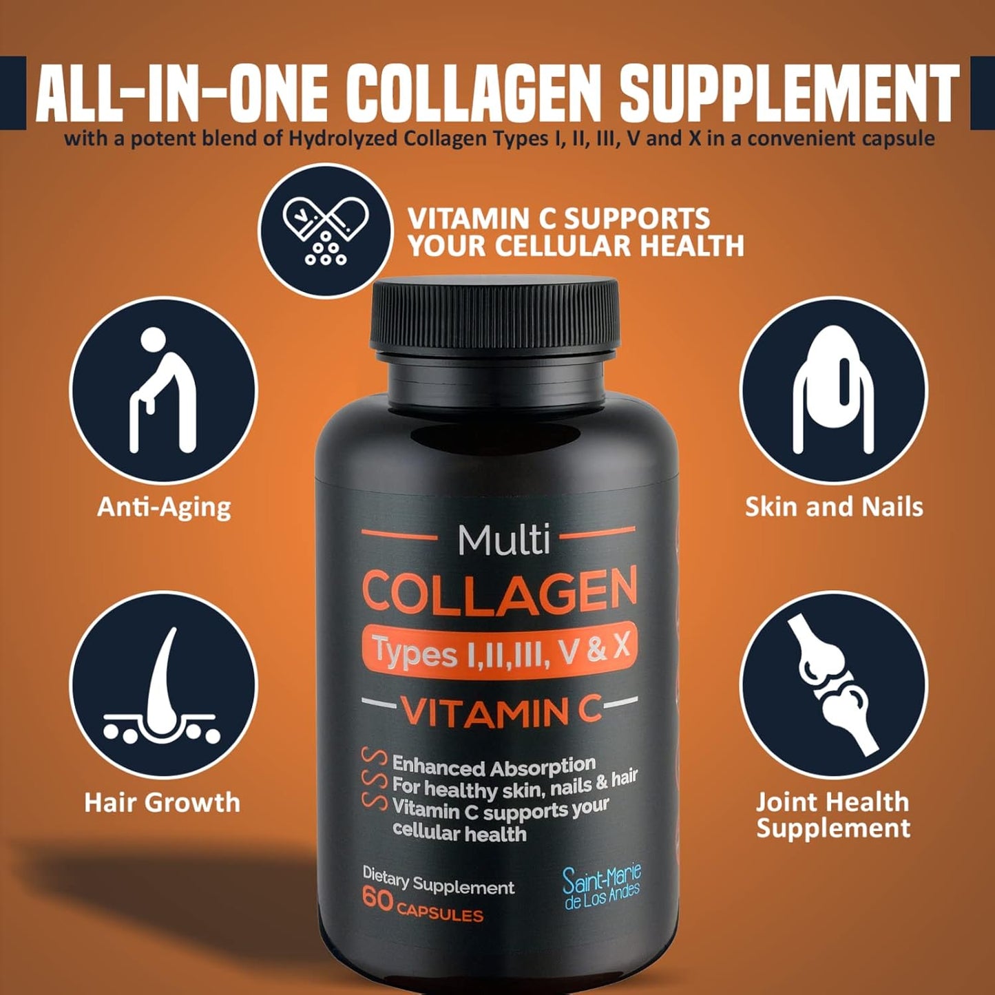 Saint-Marie de los Andes Multi Collagen Pills with Vitamin C - Collagen Supplements for Hair, Skin, Nails, Joints, & Gut Health - 1 Month Supply