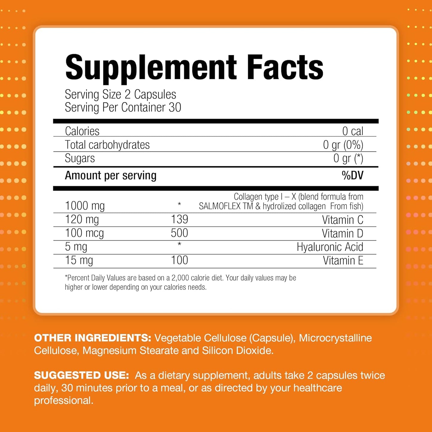 Salmon Collagen Supplement with Hyaluronic Acid, Vitamin C, D, E - Bone & Joint Support - Hair, Skin, Nail Vitamins - 60 Capsules (2 Pack)