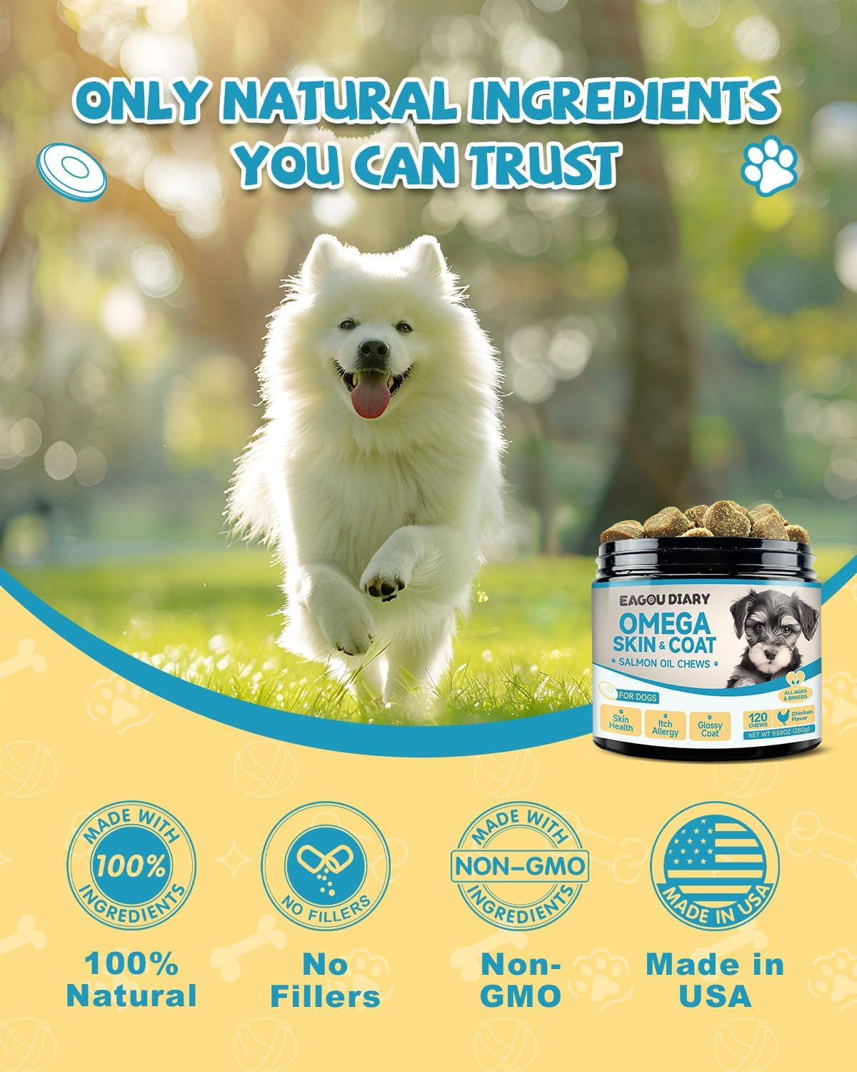 Salmon Oil Chews for Dogs with Omega 3, EPA & DHA Fatty Acids, Vitamins, and Minerals for Skin & Coat Health (120 Ct)