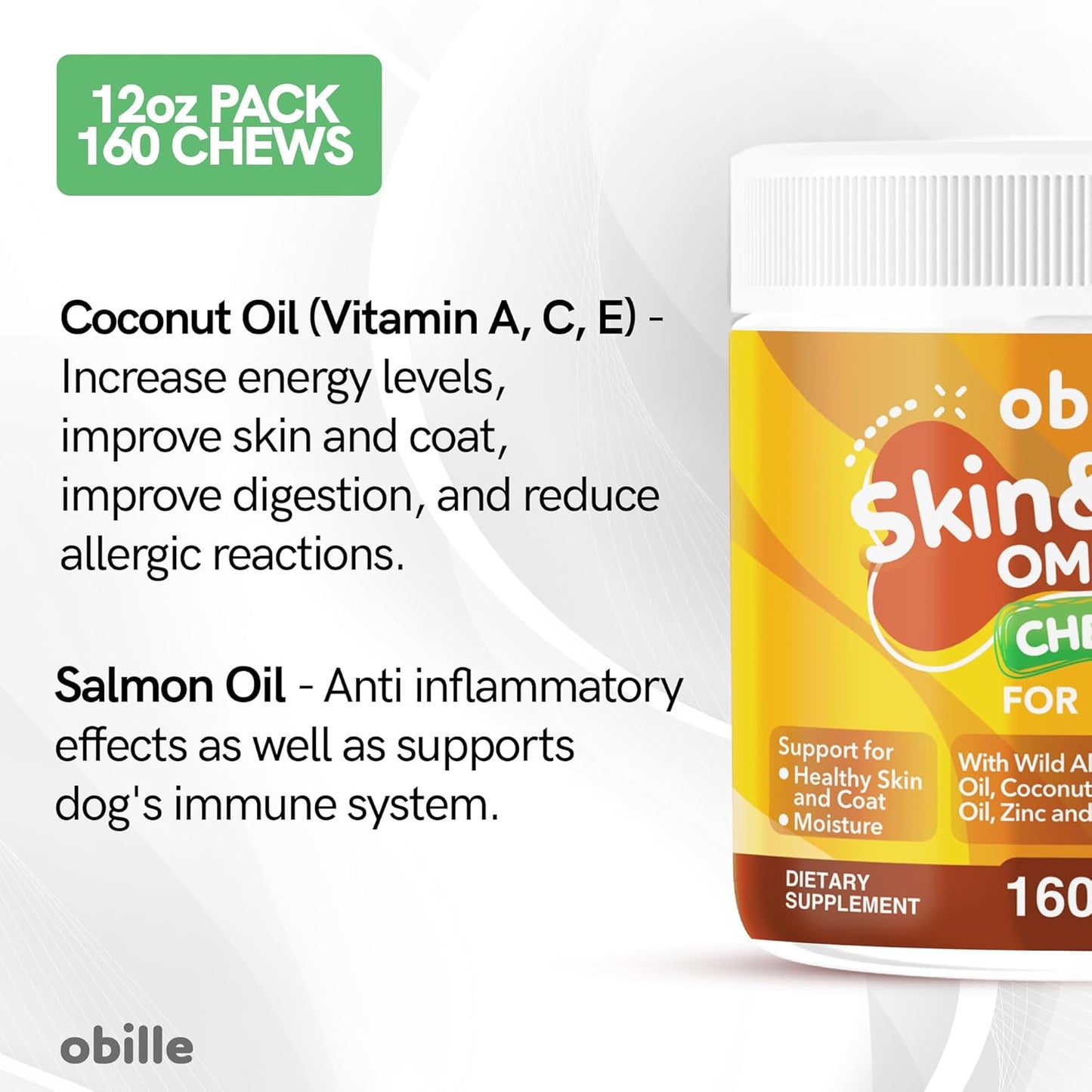 Salmon Oil Supplement for Dogs - 160 Chews, 12oz - Promotes Shiny Coat, Soothes Dry Skin, Supports Immune & Heart Health, Reduces Allergies & Shedding