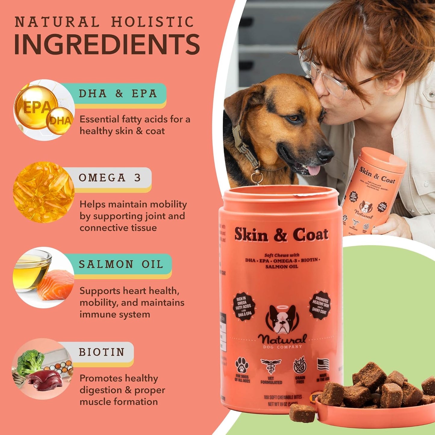 Salmon & Peas Skin & Coat Chews for Dogs - Allergy Relief, Vitamins, Omega 3, 180 Count