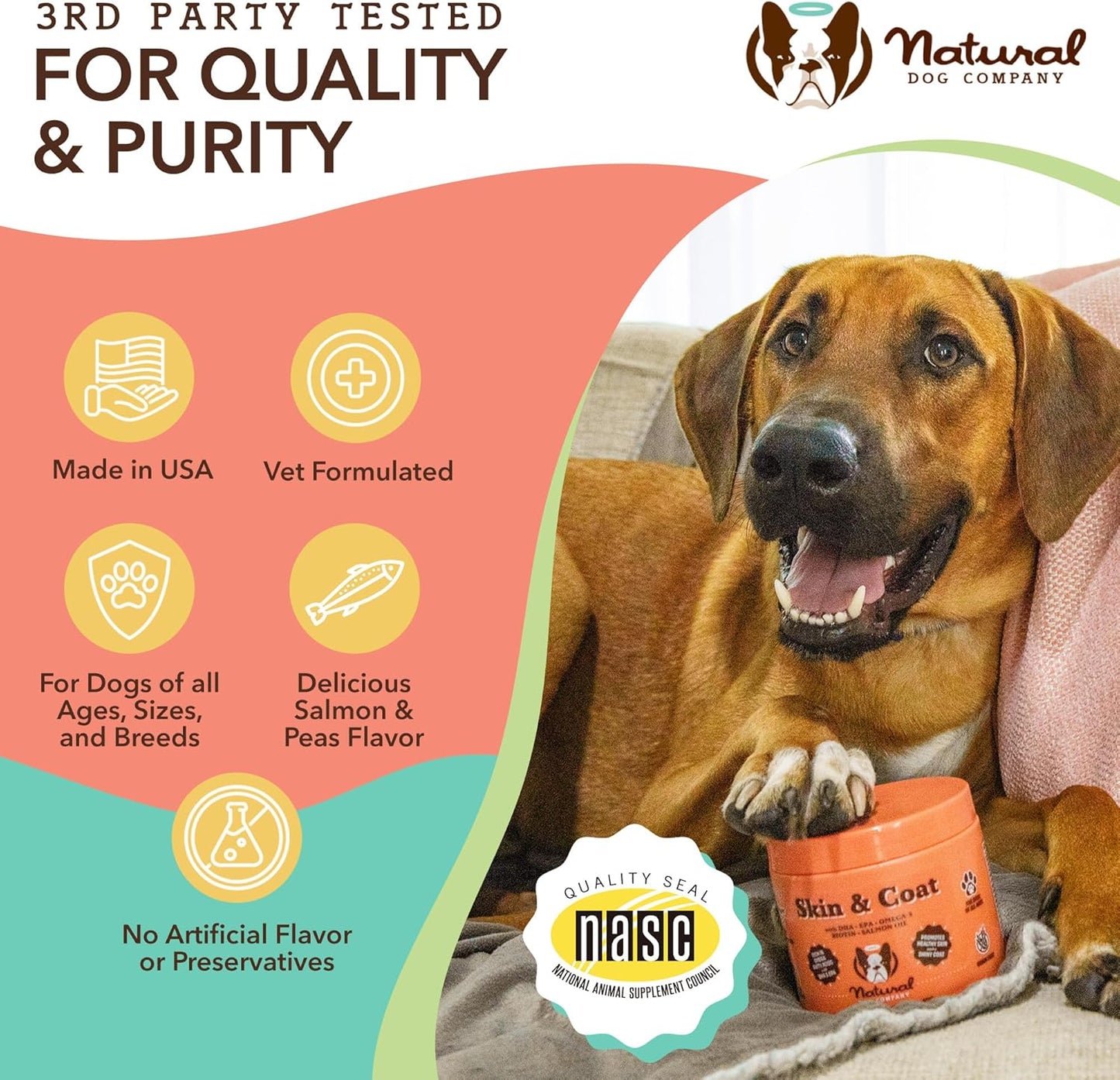 Salmon & Peas Skin & Coat Chews for Dogs, Allergy Relief with Biotin, Vitamin E, Omega 3 - Natural Dog Company Supplement