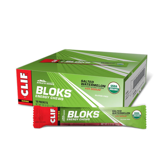 Salted Watermelon CLIF BLOKS with 2X Sodium - Energy Chews for Cycling and Running - Non-GMO Plant Based Fuel - Carbohydrates and Electrolytes - 2.12 oz (18 Count)