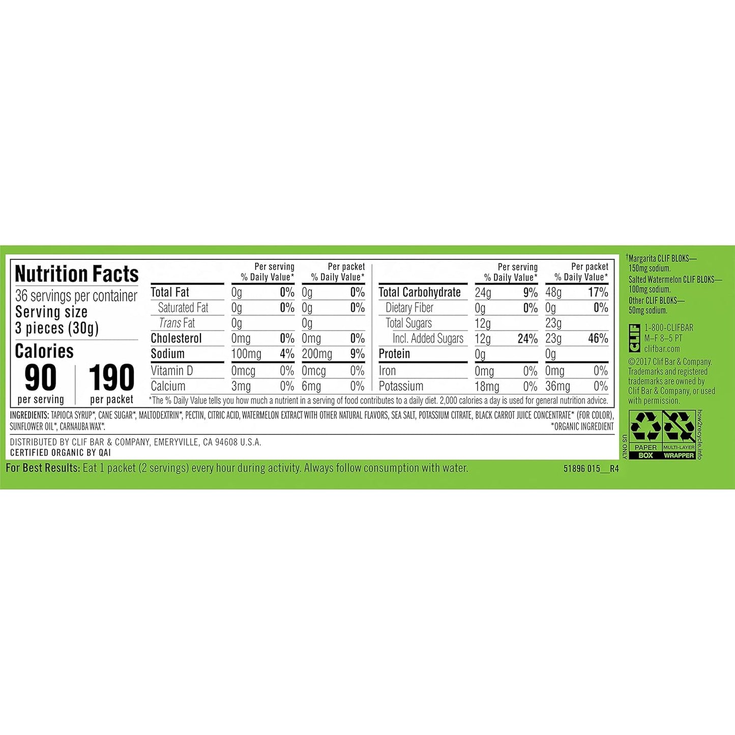 Salted Watermelon CLIF BLOKS with 2X Sodium - Energy Chews for Cycling and Running - Non-GMO Plant Based Fuel - Carbohydrates and Electrolytes - 2.12 oz (18 Count)