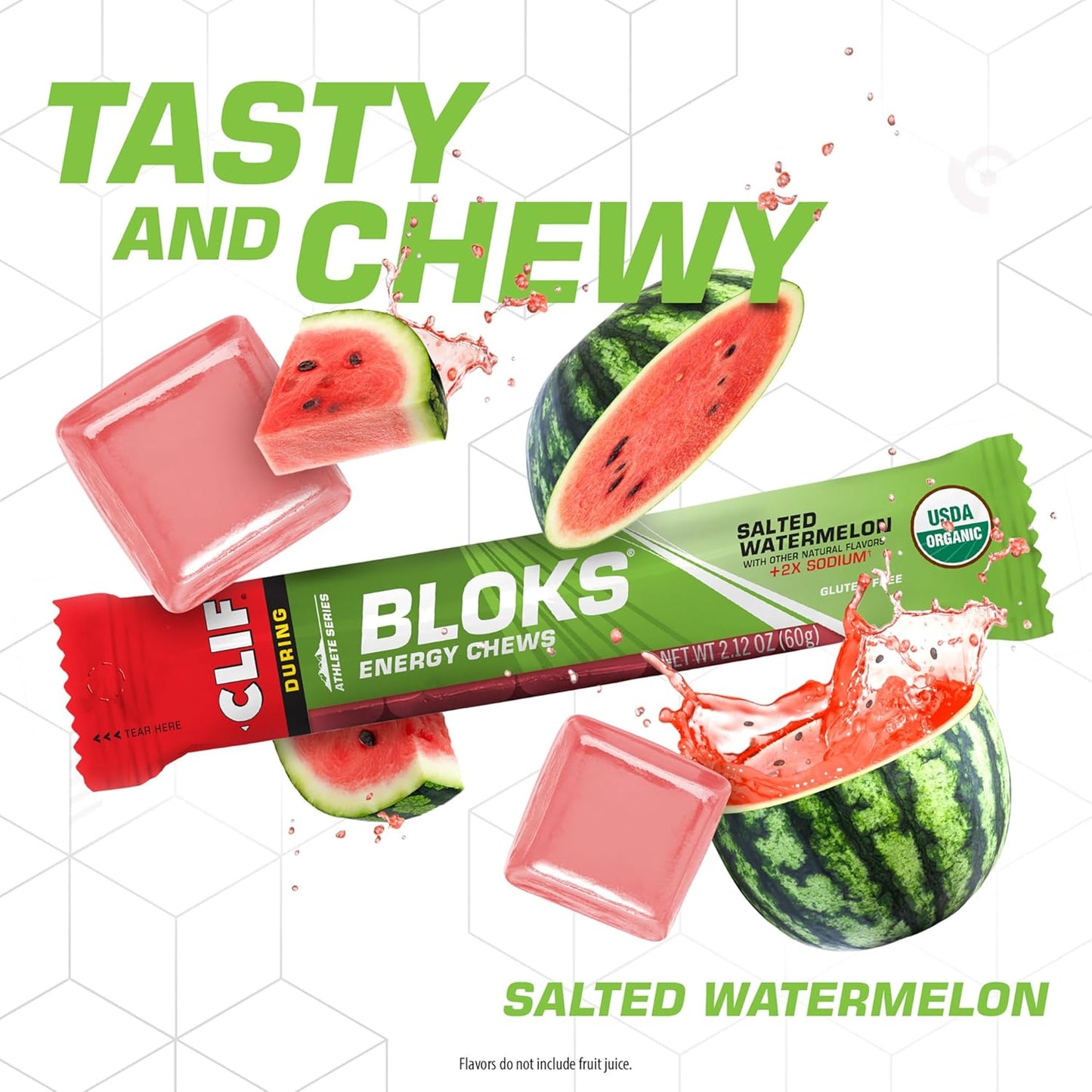 Salted Watermelon CLIF BLOKS with 2X Sodium - Energy Chews for Cycling and Running - Non-GMO Plant Based Fuel - Carbohydrates and Electrolytes - 2.12 oz (18 Count)