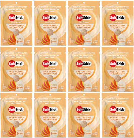 SaltStick Electrolyte FastChews - 120 Peach Chewable Electrolyte Tablets - 12 Packets of Salt Tablets with 10 Chews Each