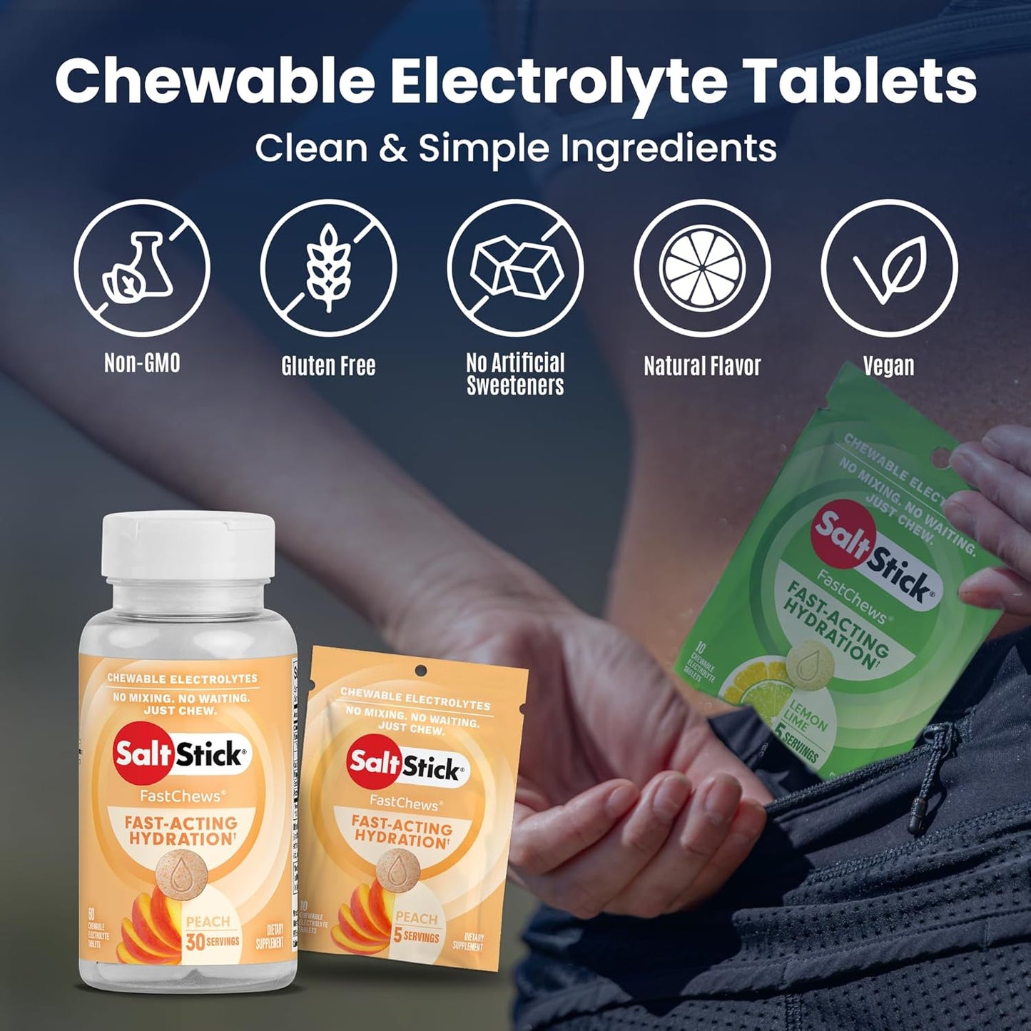SaltStick Electrolyte FastChews - 120 Peach Chewable Electrolyte Tablets - 12 Packets of Salt Tablets with 10 Chews Each