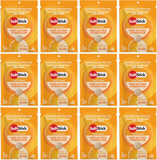 SaltStick Electrolyte FastChews Chewable Tablets - Orange, 120 Count - Hydration & Electrolyte Chews for Runners and Sports Nutrition - 12 Packs of 10 Tablets