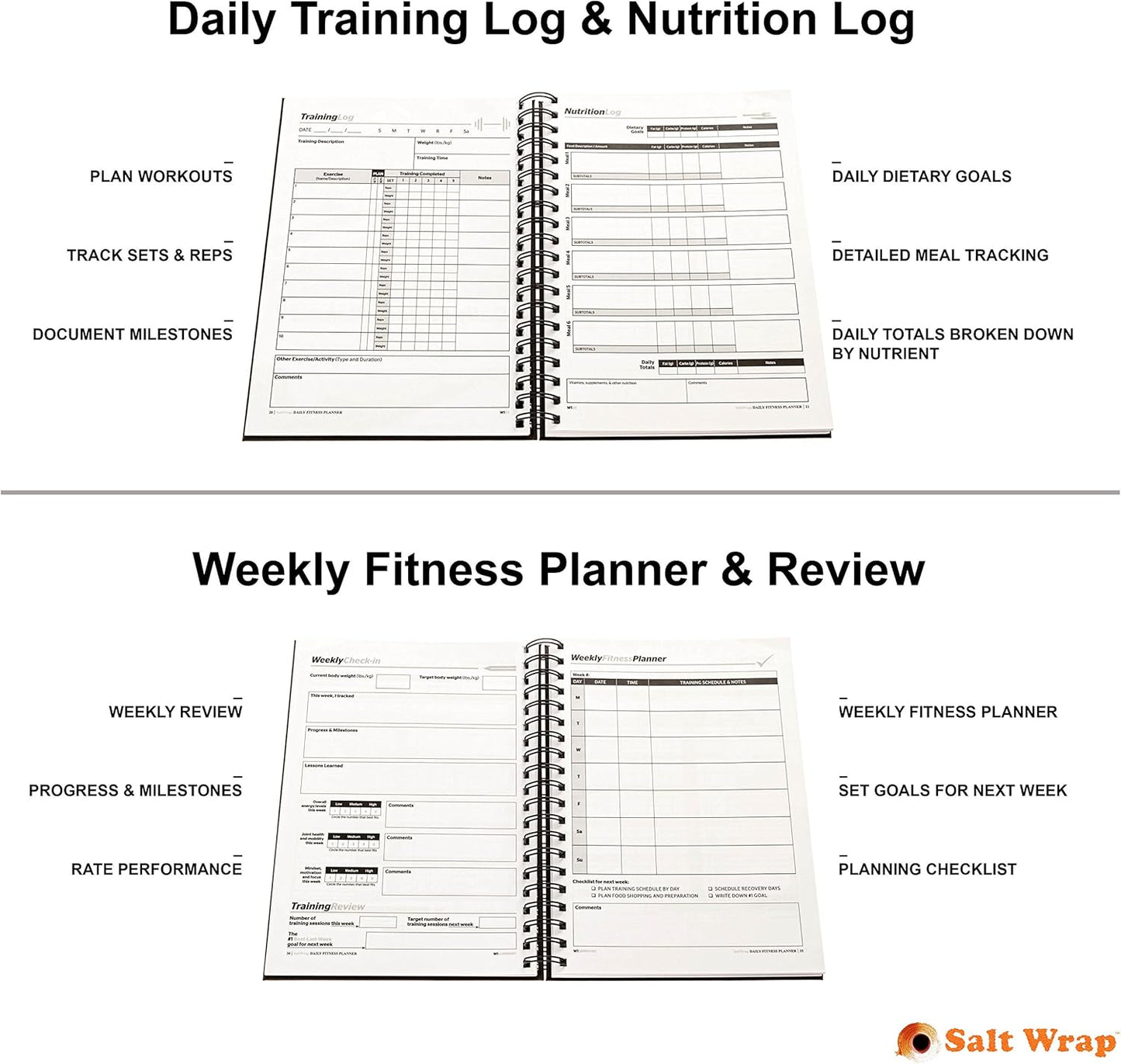 SaltWrap Daily Fitness Planner & Workout Log Book - Exercise Gym Journal for Health, Nutrition, Slimming Formula, and Goal Tracking - Daily & Weekly Logs