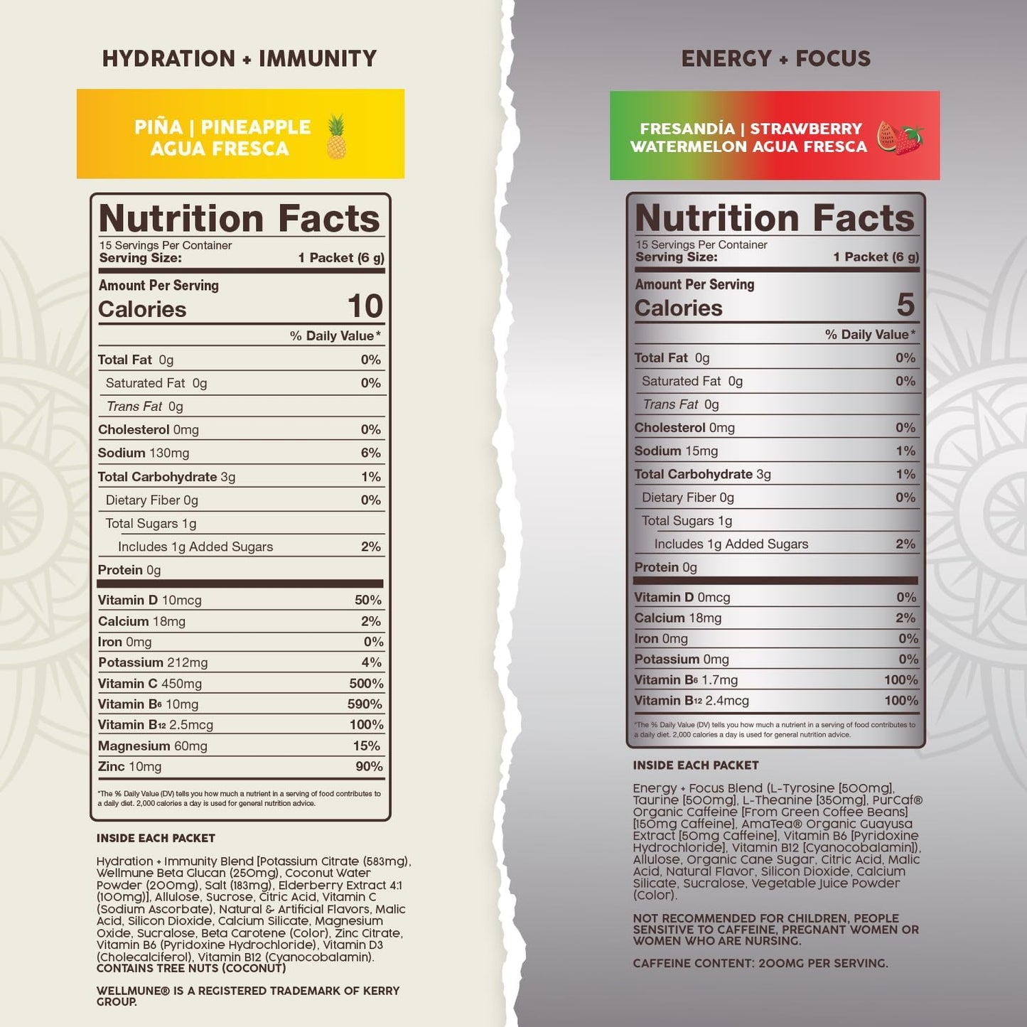 Salud Salud 2-Pack | Hydration + Immunity Pineapple & Energy + Focus Strawberry Watermelon Drink Mix - 15 Servings Each, Non-GMO, Gluten Free, Vegan, Low Calorie
