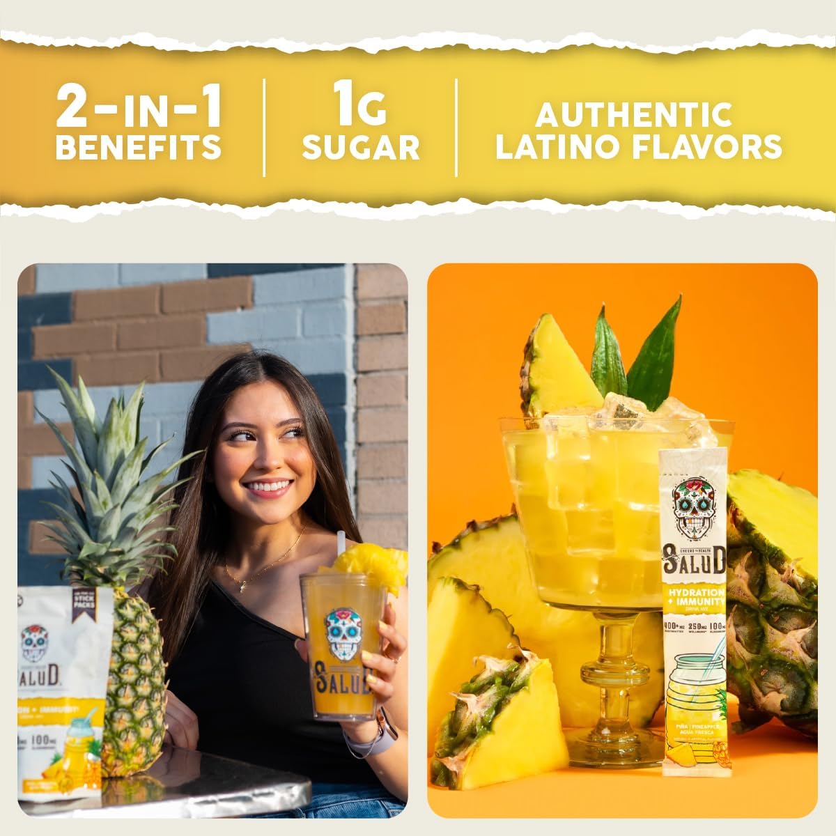 Salud Salud 2-Pack | Hydration + Immunity Pineapple & Energy + Focus Strawberry Watermelon Drink Mix - 15 Servings Each, Non-GMO, Gluten Free, Vegan, Low Calorie