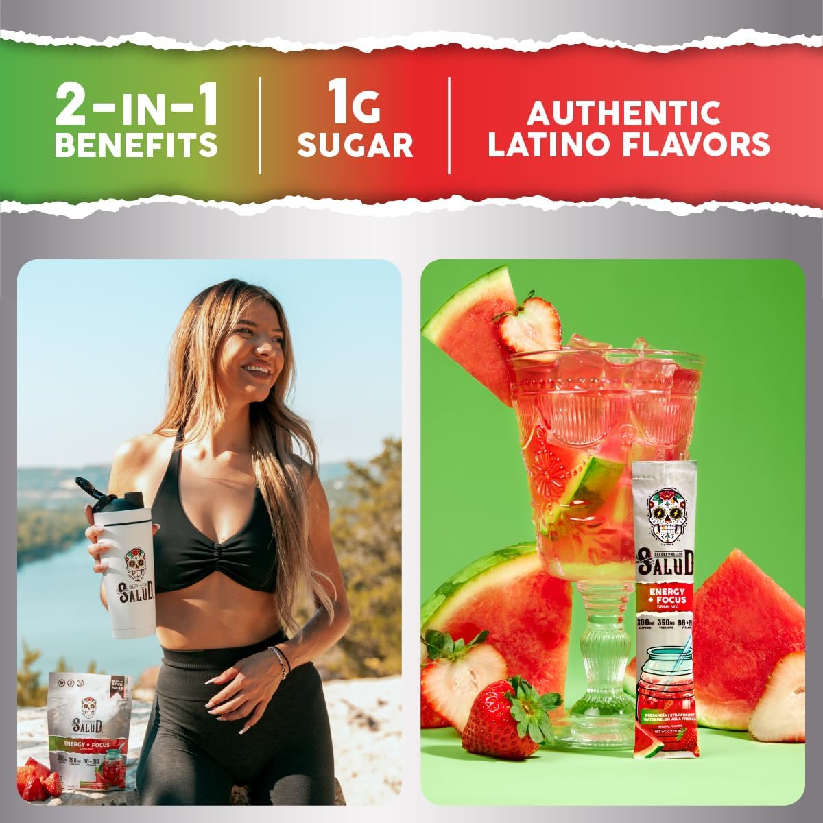 Salud Salud 2-Pack | Hydration + Immunity Pineapple & Energy + Focus Strawberry Watermelon Drink Mix - 15 Servings Each, Non-GMO, Gluten Free, Vegan, Low Calorie