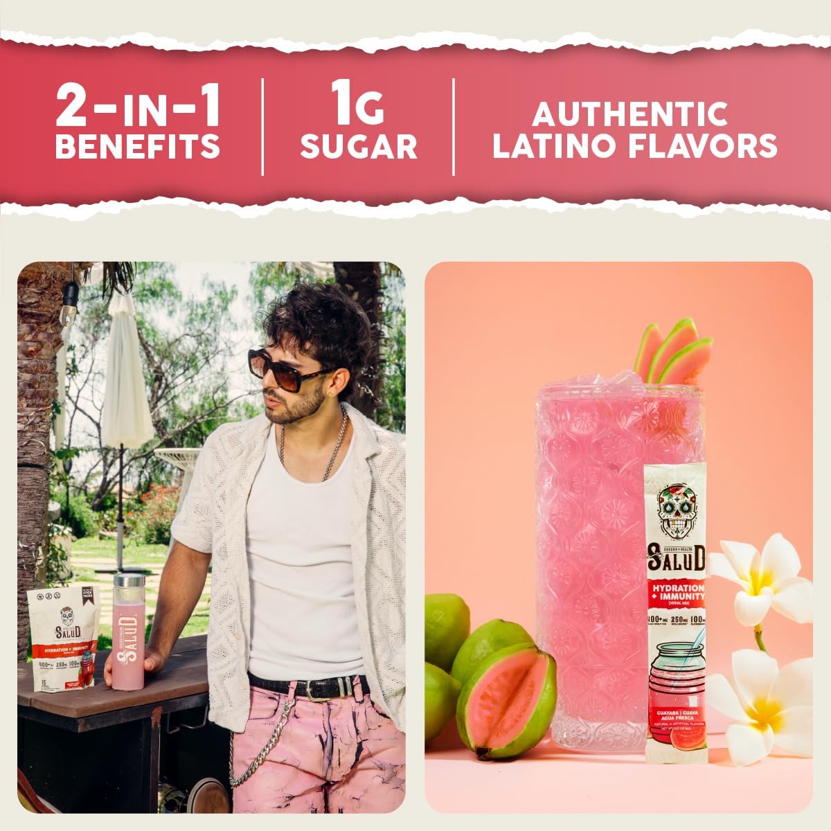 Salud Salud Guava Flavored 2-in-1 Hydration Packets with Immunity Electrolytes - Elderberry, Dairy & Soy Free, Vegan, Non-GMO, Gluten Free, Low Calorie Drink Mix (15 Servings)