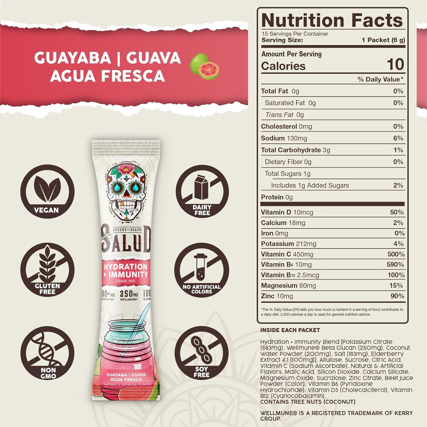 Salud Salud Guava Flavored 2-in-1 Hydration Packets with Immunity Electrolytes - Elderberry, Dairy & Soy Free, Vegan, Non-GMO, Gluten Free, Low Calorie Drink Mix (15 Servings)