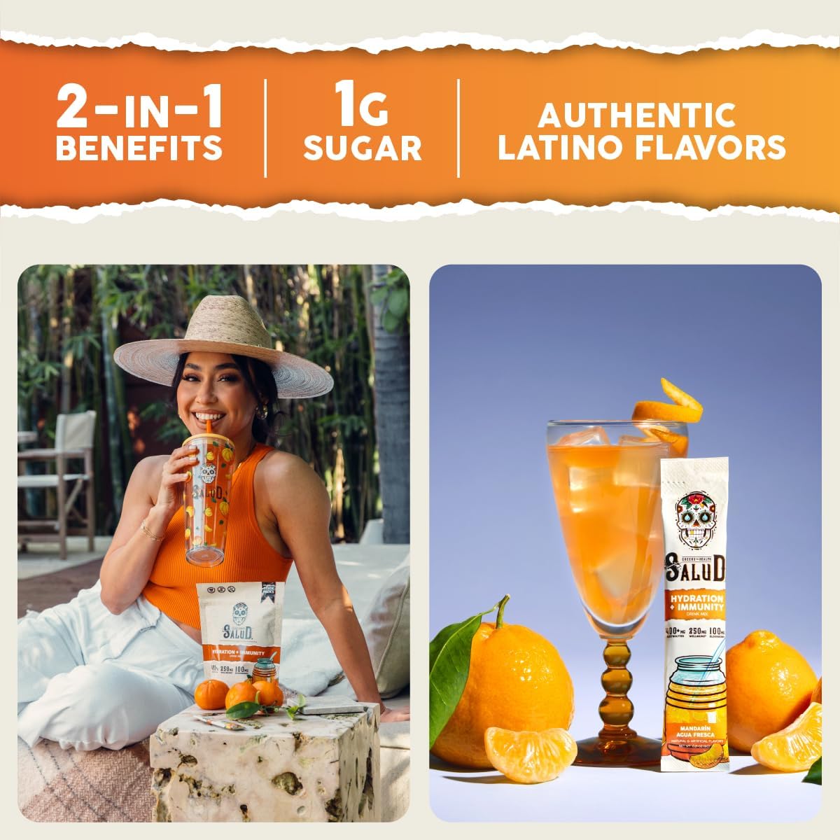 Salud Salud Mandarin Hydration Packets with Immunity Electrolytes Powder - Agua Fresca Drink Mix, Elderberry, 15 Servings