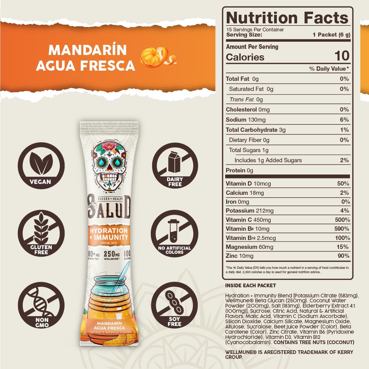 Salud Salud Mandarin Hydration Packets with Immunity Electrolytes Powder - Agua Fresca Drink Mix, Elderberry, 15 Servings