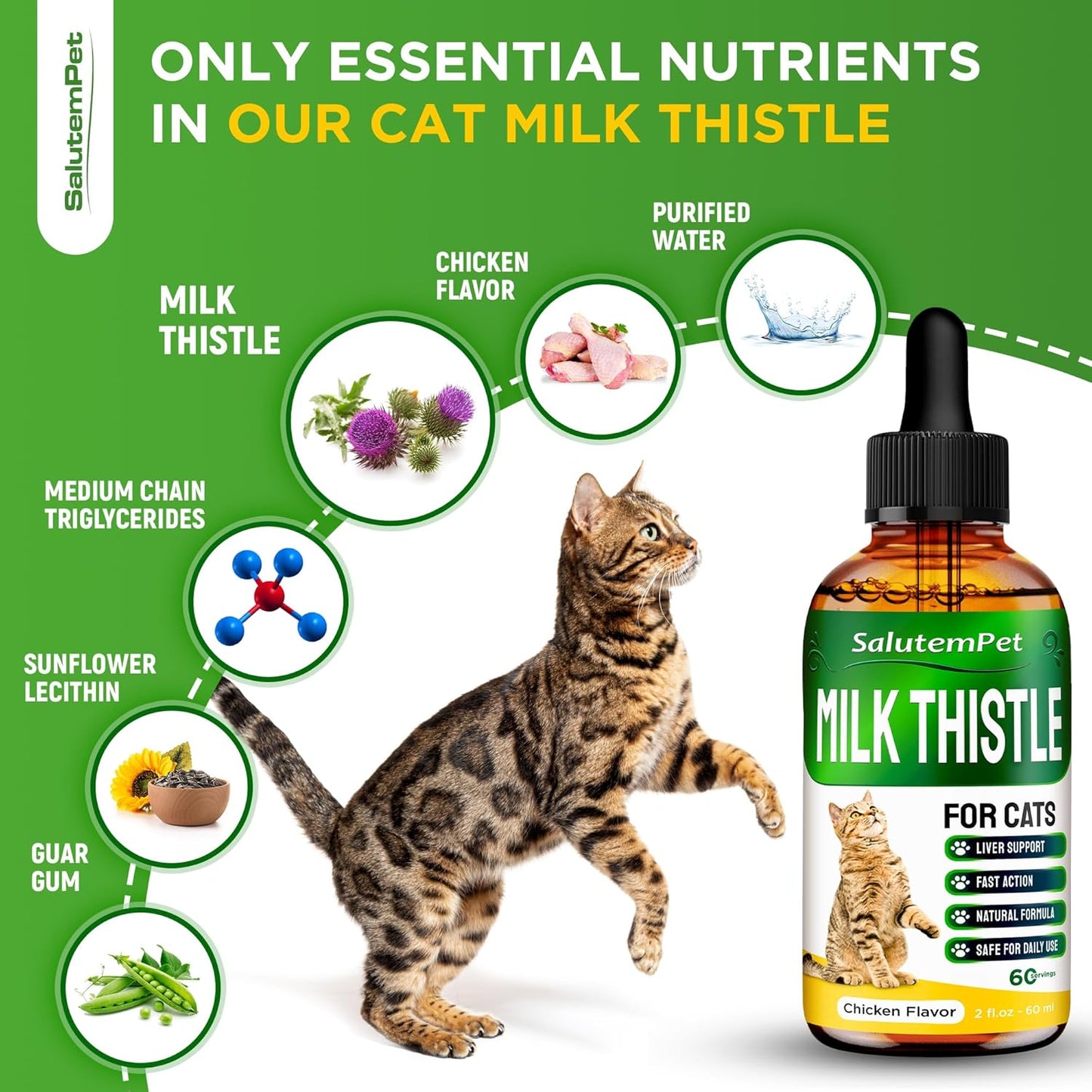 SalutemPet Cat Kidney Support with Milk Thistle - Herbal Supplement for Cats of All Breeds - Chicken Flavor - 2 Oz