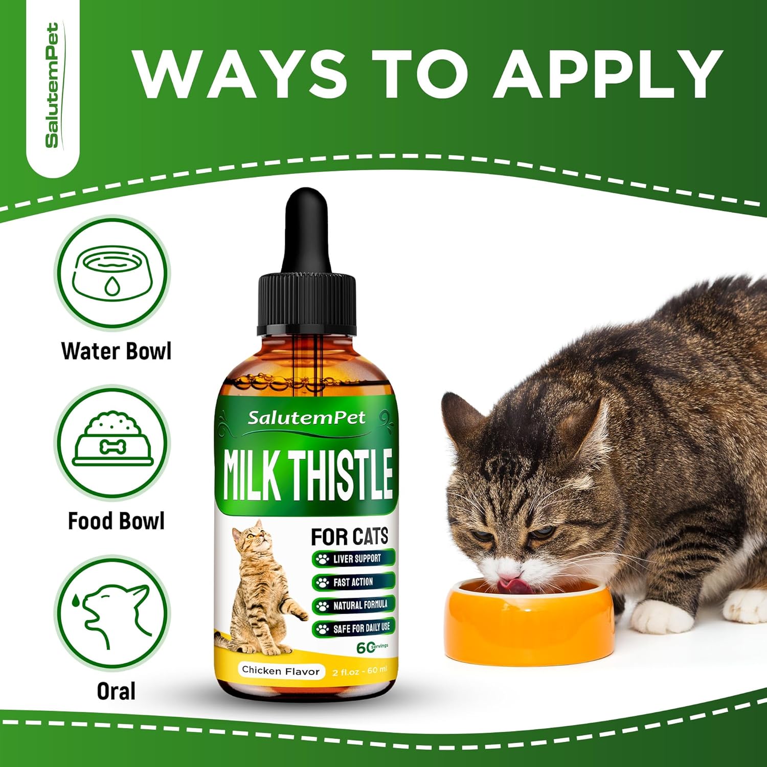 SalutemPet Cat Kidney Support with Milk Thistle - Herbal Supplement for Cats of All Breeds - Chicken Flavor - 2 Oz