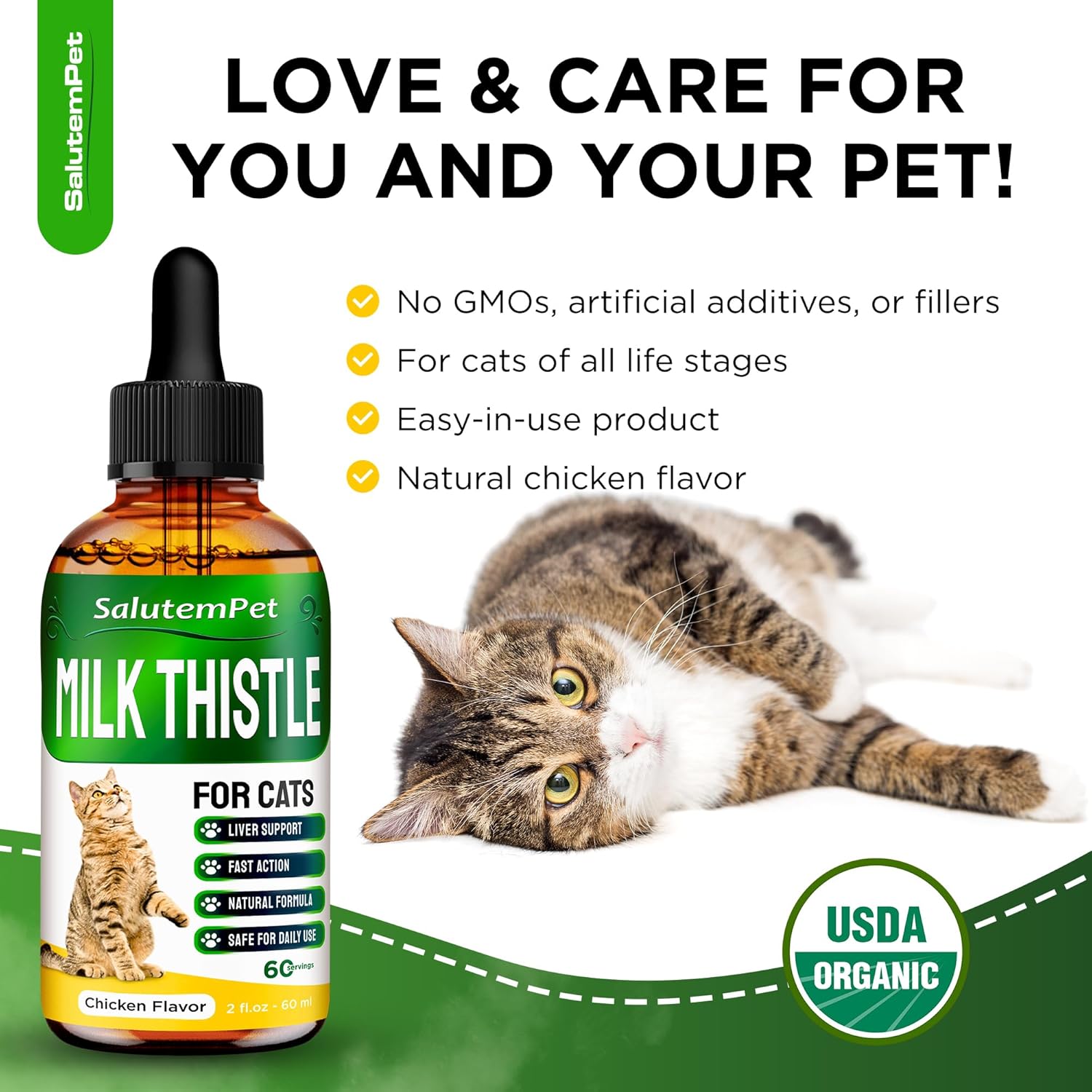 SalutemPet Cat Kidney Support with Milk Thistle - Herbal Supplement for Cats of All Breeds - Chicken Flavor - 2 Oz
