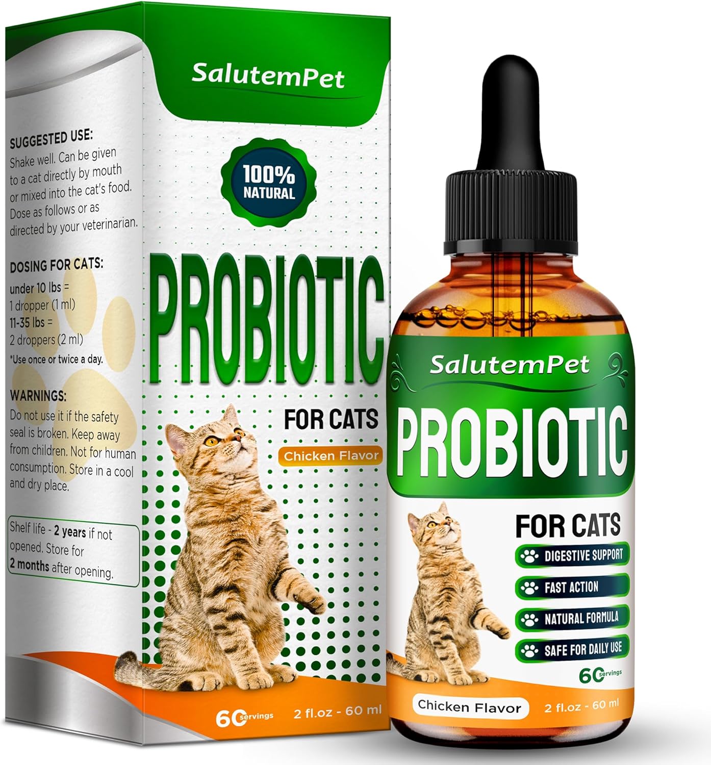 SalutemPet Cat Probiotic Liquid for Digestive Support - Relief for Colic, Upset Stomachs, Diarrhea, Gas, and Bloating - 2 fl.oz
