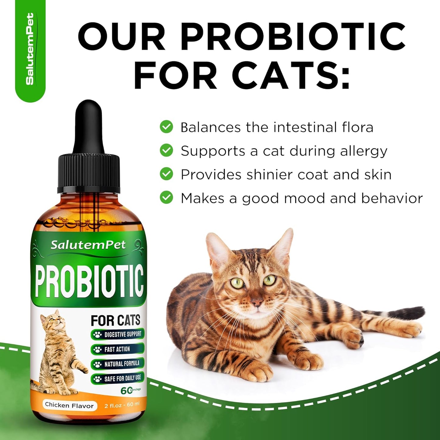 SalutemPet Cat Probiotic Liquid for Digestive Support - Relief for Colic, Upset Stomachs, Diarrhea, Gas, and Bloating - 2 fl.oz