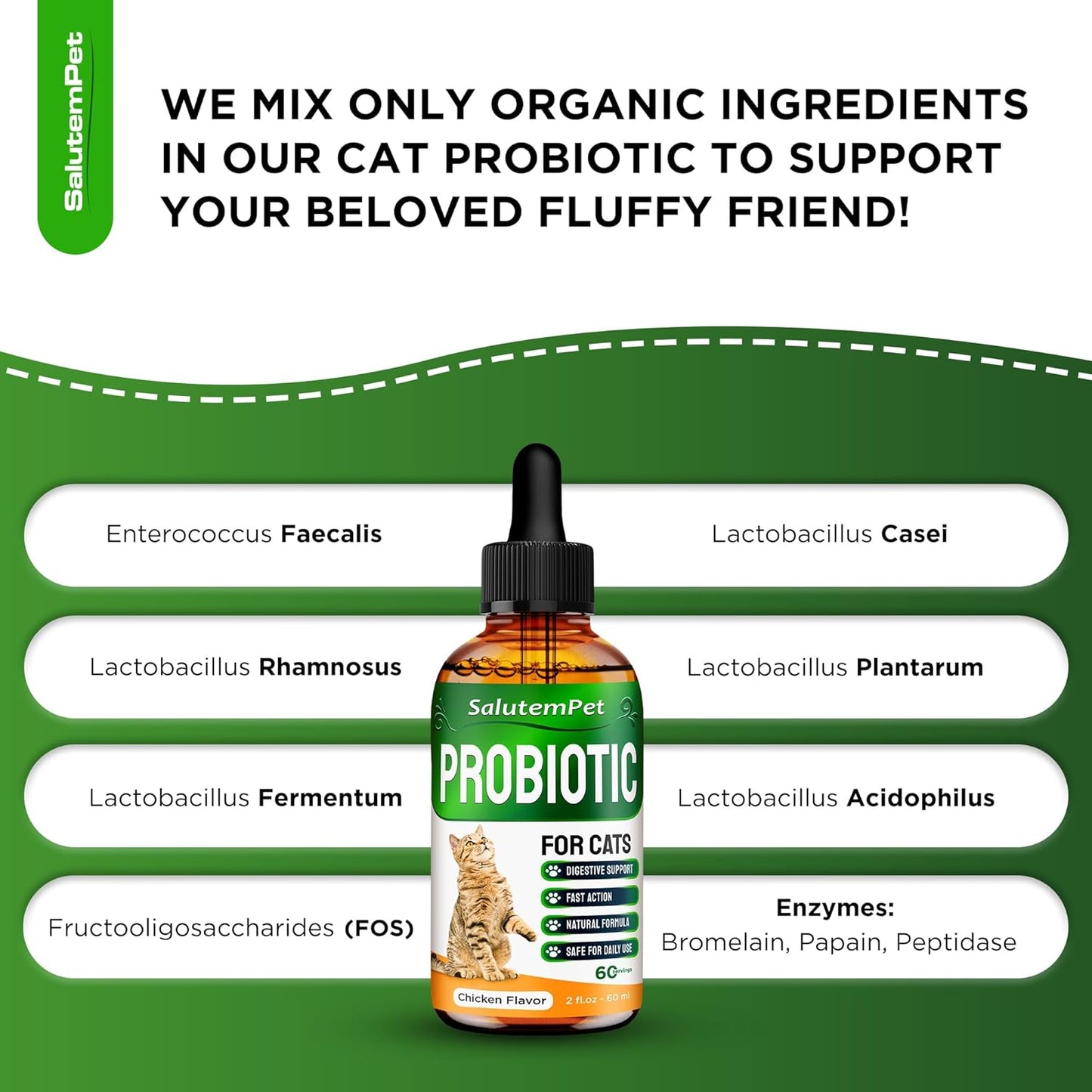 SalutemPet Cat Probiotic Liquid for Digestive Support - Relief for Colic, Upset Stomachs, Diarrhea, Gas, and Bloating - 2 fl.oz