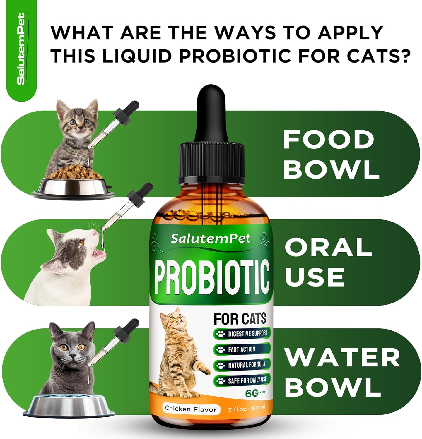 SalutemPet Cat Probiotic Liquid for Digestive Support - Relief for Colic, Upset Stomachs, Diarrhea, Gas, and Bloating - 2 fl.oz